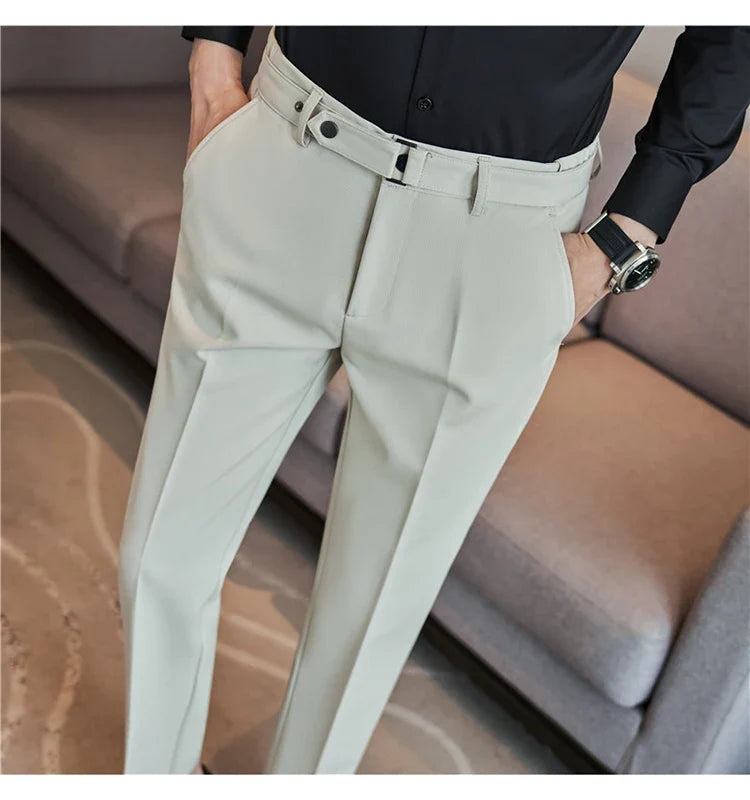 Fashion Belt Decoration Design Men's Suit Pants High Quality Business Slim Fit Casual Straight Formal Wedding Party Trousers