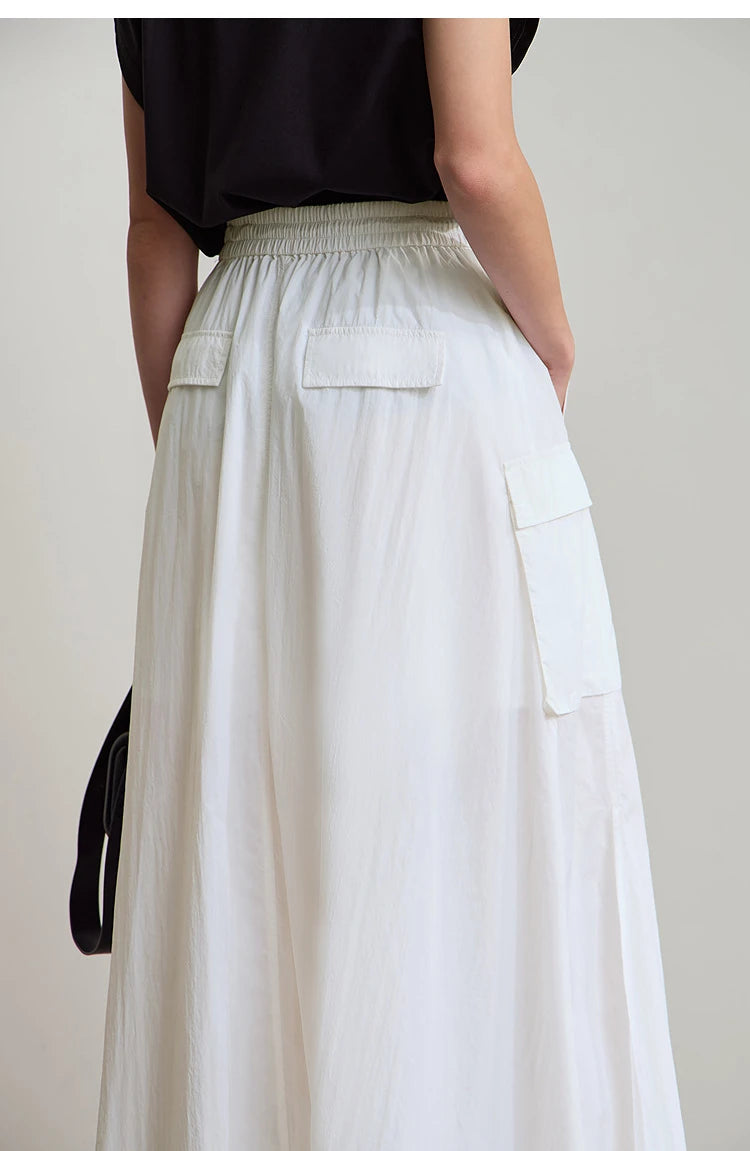 Vacation Long Skirt 2025 Summer Women Loose Sun Protection Office Lady Solid Pockets Elastic Waist Cord Slit Skirt 12542106