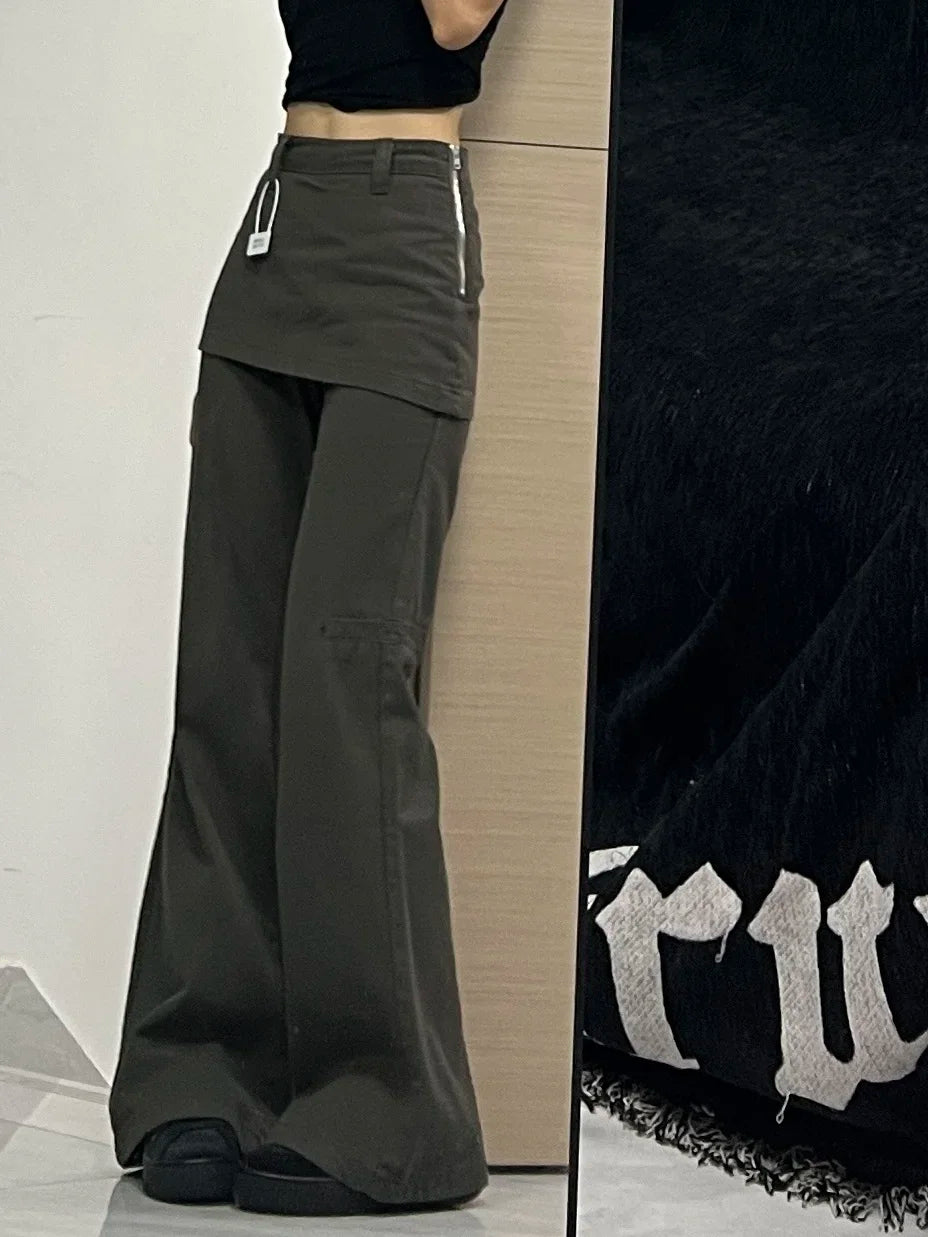 Fake Two-Piece Plus size Wide Leg Jeans for Women 2025 New Y2k Fashion Streetwear High Waisted Flare Denim Pants
