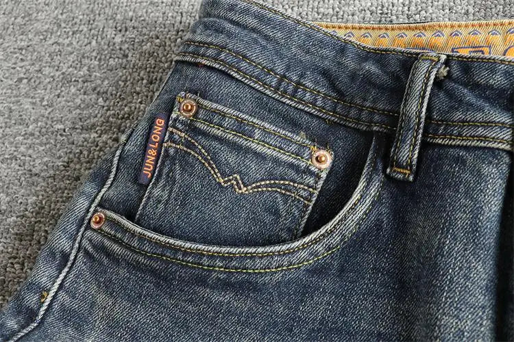 Retro blue wash-fried cat whisker jeans men's high-end custom fabric American fashion brand youth nine-point pants