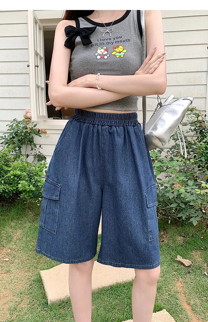 2026 Summer New Women's Denim Shorts Straight Trendy Loose Versatile Dad Shorts Thin Japanese Style Knee-length Pants