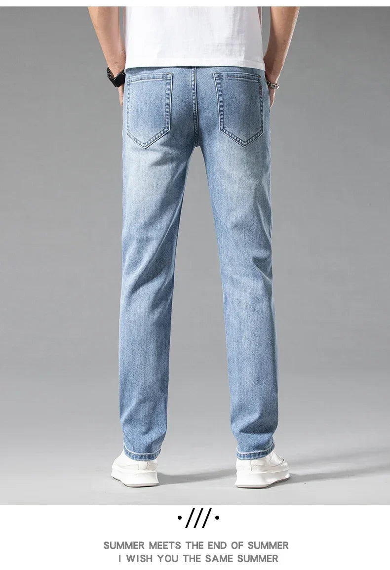 New Summer 98% Cotton Men's Business Casual Jeans Straight Soft Stretch Fabric Baggy Denim Pants Male Brand Trousers