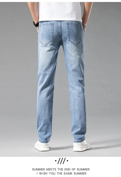 New Summer 98% Cotton Men's Business Casual Jeans Straight Soft Stretch Fabric Baggy Denim Pants Male Brand Trousers