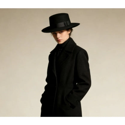 Black Ribbon Flat Top Hat British Retro Style Unisex Wool Fedora Winter Warm Hat