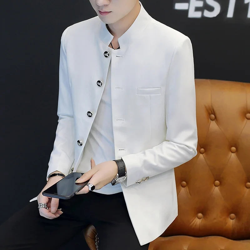 2024 Men's Slim Fit Long Sleeve Casual Suit Korean Trend Stand Collar Fashion Handsome Male Suit