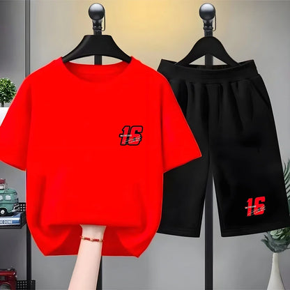 Summer Kids T-Shirt White Round Neck Tops+Shorts Boy Girl Charles Leclerc Racing Car No. 16 Clothing Sets Casual Cool Tees