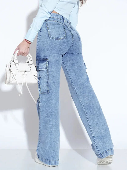 Women's Cargo Jeans with Multiple Pockets - Stylish and Practical Work Denim Pants for Everyday Comfort and Functionality