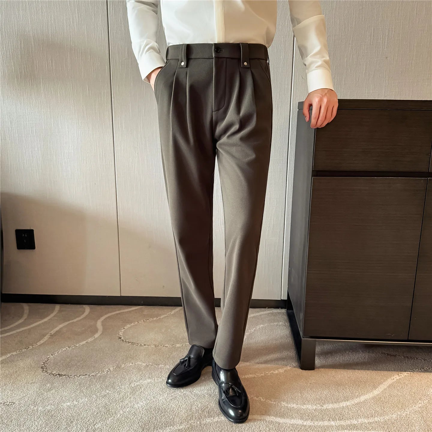 Autumn Winter Thicken Elastic Waist Casual Warm Pants Men High Quality Fashion Slim Social Party Dress Trousers Men's Clothing