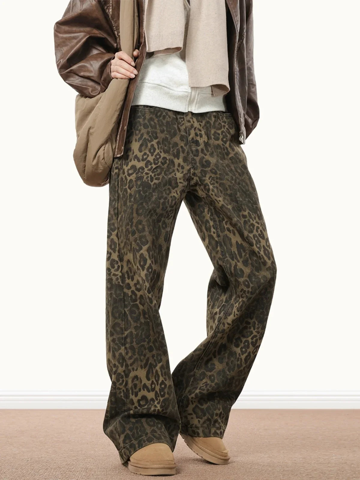 American Style Leopard Wash Jeans Women Y2K Retro Street Hot Girl Loose Casual Pants High Waist Straight Leg Jeans