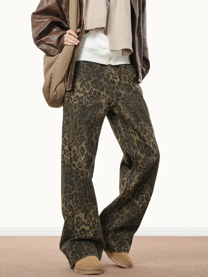 American Style Leopard Wash Jeans Women Y2K Retro Street Hot Girl Loose Casual Pants High Waist Straight Leg Jeans