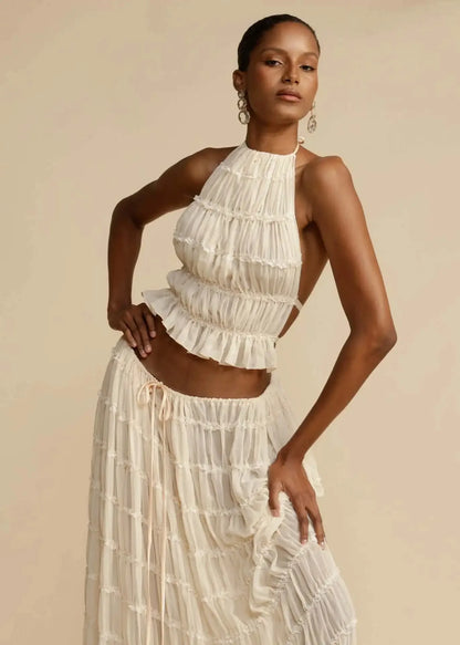 Fashion Halter Neck Long Skirt Suit Women Backless Sling Top Lace Up Fold Maxi Skirts New Summer Female 2 Piece Set Outfits