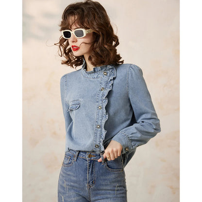 2025 Spring Autumn Palace Style Ruffled Denim Blouse Small Stand Collar Oblique Placket Long Sleeve Shirt for Women