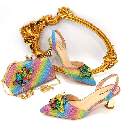 FASHION SHOE Sandals Women 2022 High Heels sexy Green Color Rhinestone Flowers Party Pumps Wedding Shoe and Matching Bag Set