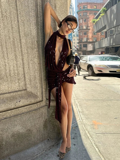 Coquettish Shiny Sequins Dress Women Halter Scarf+Sexy Deep V-Neck Backless Sleeveless Ruched Ribbon Club Hottie Outfits