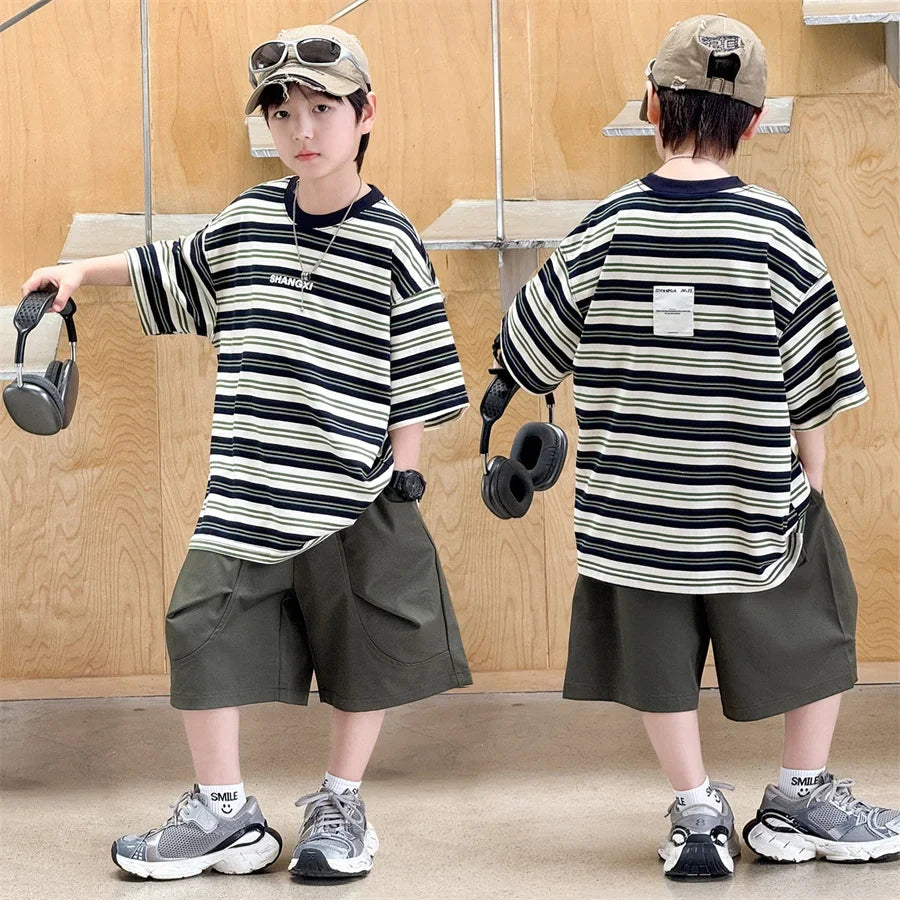 Korean Kids Striped Summer Suit for Boys Top and Bottom Set Children Cotton Short Sleeve T-shirt and Cargo Shorts Clothes Set