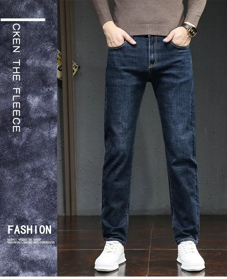 Winter Thickened Warm Male Plush Trousers Brand Clothes Men's Fleece Jeans Straight Slim Stretch Fashion Business Denim Pants