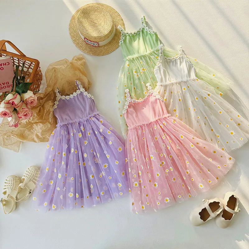 Girls Casual Dresses Little Daisy Flower Mesh Dress for Girls Summer Camisole Pompadour Dress Girls Clothes for2 To 7 Years