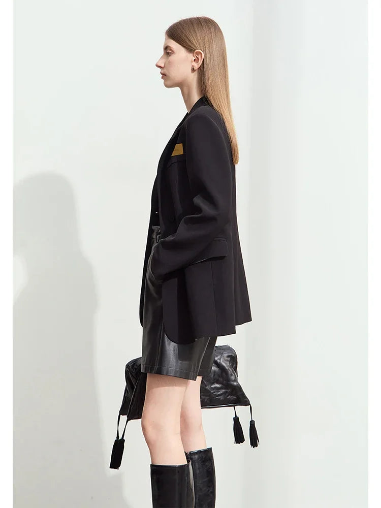 Minimalism Women's Blazers 2025 Autumn New Lapel Collar Shoulder Pad Fashion Slit Mid-length Basic Female Jackets 12443096