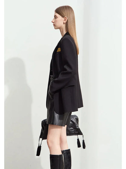 Minimalism Women's Blazers 2025 Autumn New Lapel Collar Shoulder Pad Fashion Slit Mid-length Basic Female Jackets 12443096