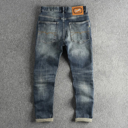 Embroidery embellished white to do old American vintage jeans men slim small straight leg fashion all-match youth pants