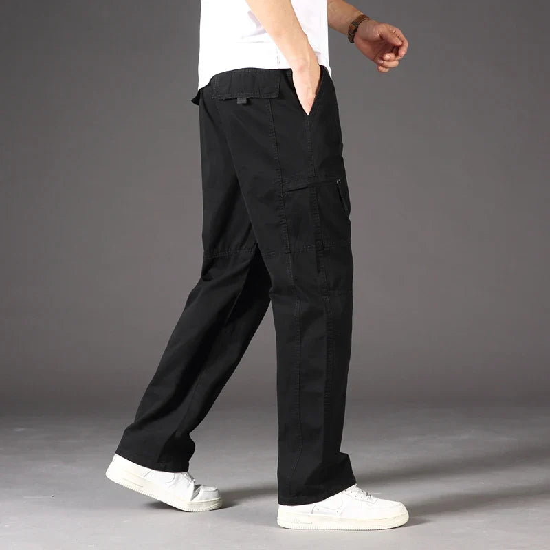 Men's Overalls Cotton Cargo Pants Casual Sports Sweatpants Stretch Waist Work Utility Dungarees Black Gym Jogger Trousers