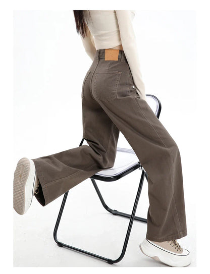 Baggy High Street Fashion Straight brown Jeans for Women's Y2k High Waist Female Clothing Solid Color Casual Wide Denim Trousers