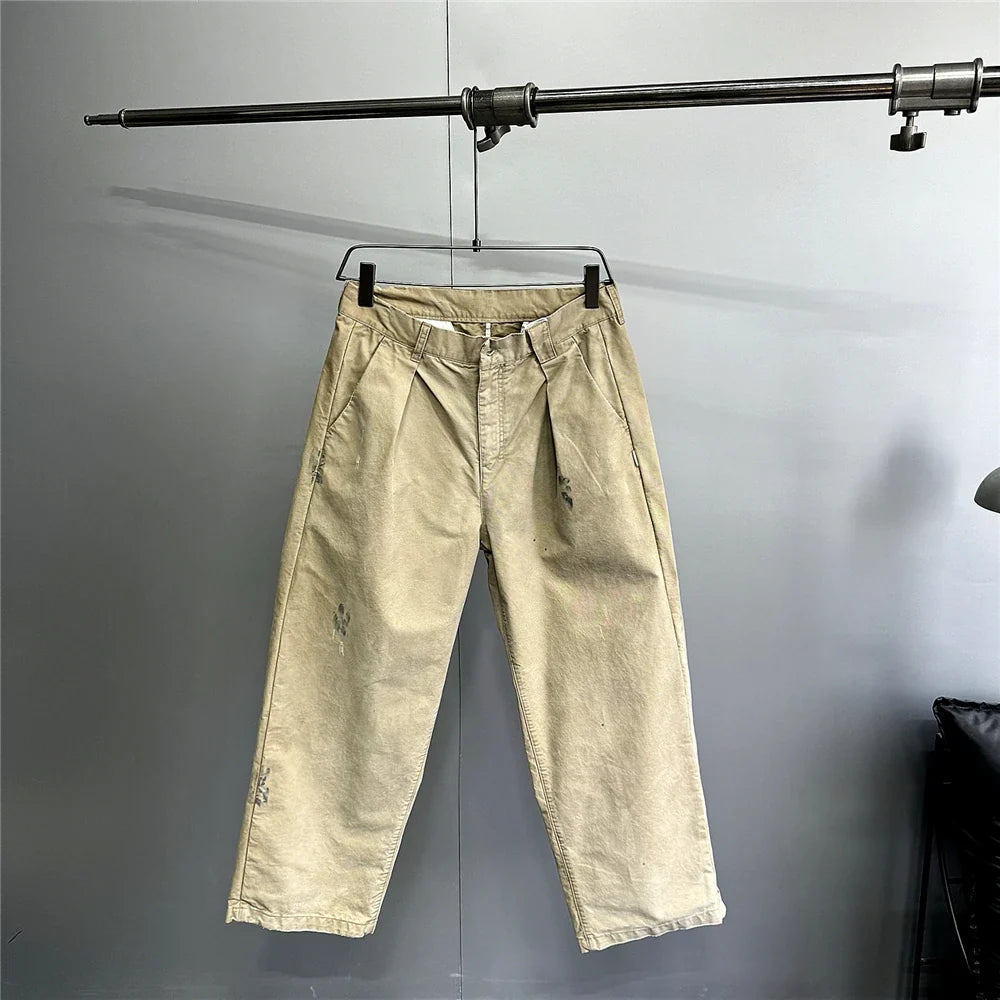 ‌Japanese Premium Vintage Distressed Paint Splash Cargo Pants Men Streetwear Loose Casual Straight Leg Haram Trousers Trendy