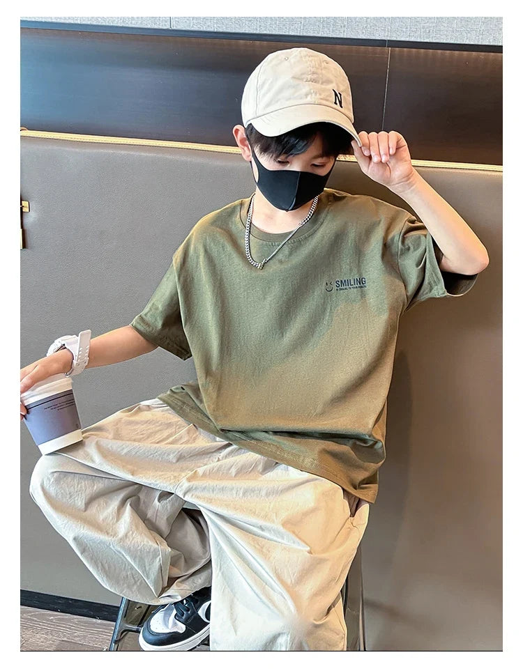 Teens Children's Summer Sets for Boys Clothing Cotton Set 2025 New Fashion Kids Loose Handsome T-shirt+ Lantern Pants Set Outfit
