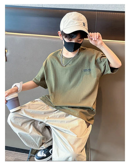 Teens Children's Summer Sets for Boys Clothing Cotton Set 2025 New Fashion Kids Loose Handsome T-shirt+ Lantern Pants Set Outfit