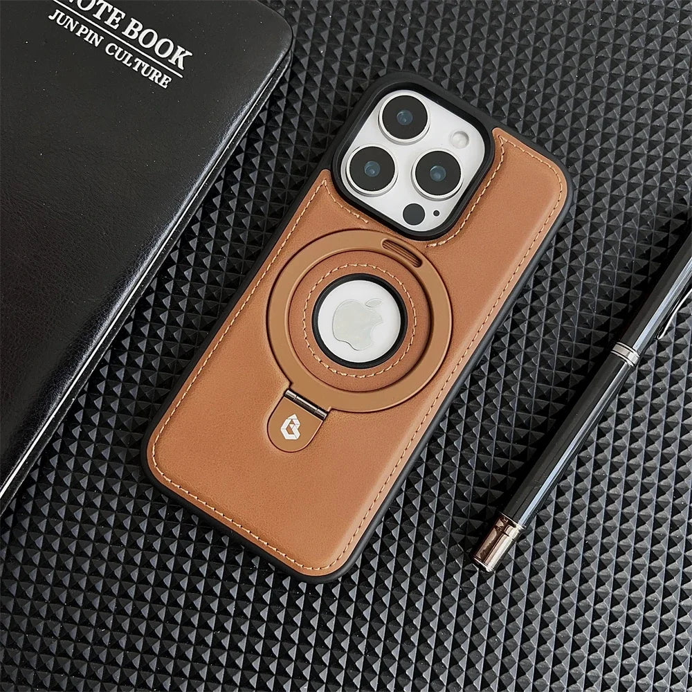 Luxury Leather Metal Magnetic Ring Stand Magsafe Case For iPhone 17 16 15 14 13 12 Pro Max Plus 17Air Business Hollow Logo Cover