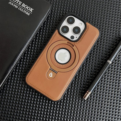 Luxury Leather Metal Magnetic Ring Stand Magsafe Case For iPhone 17 16 15 14 13 12 Pro Max Plus 17Air Business Hollow Logo Cover