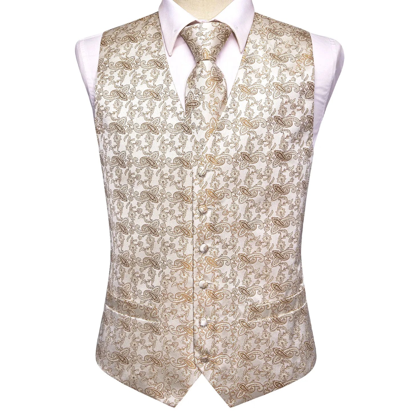 Designer Beige Champagne Ivory Khaki Mens Vest Necktie Set Jacquard Waistcoat Jacket Tie Hankerchief Cufflinks for Men Gift