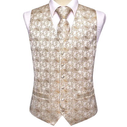 Designer Beige Champagne Ivory Khaki Mens Vest Necktie Set Jacquard Waistcoat Jacket Tie Hankerchief Cufflinks for Men Gift