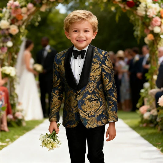 Gold Embroidery Toddler Suit Set Jacket Pants Bowtie Kids Formal Tuxedo Ring Bearer Waist Adjustable 3-14 Yrs Suits