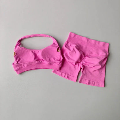 Sexy Halter Neck Beautiful Back High Waist Peach Sports Bras Shorts Suit Pilates Gathering Yoga Vest Training Fitness Bra Sets