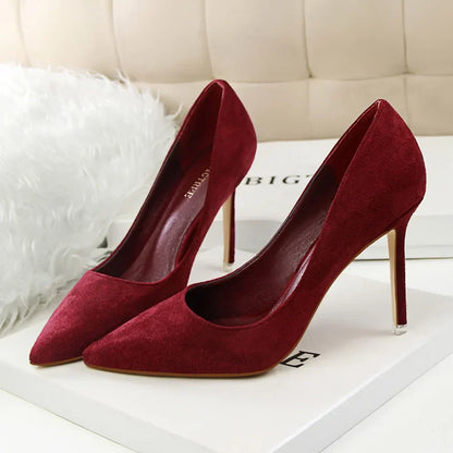 Women 9cm High Heels Yellow Burgundy Pumps Plus Size Stripper Suede Escarpins Lady Wedding Bridal Scarpins Green Blue Prom Shoes