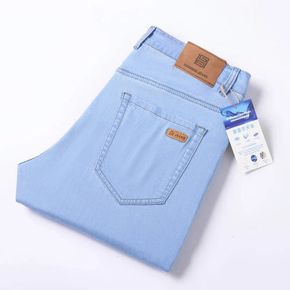 2025 Summer New Men's Sky Blue Slim Stretch Jeans Lyocell Thin Style Fashion Casual Ice Silk Denim Pants Male Brand Trousers
