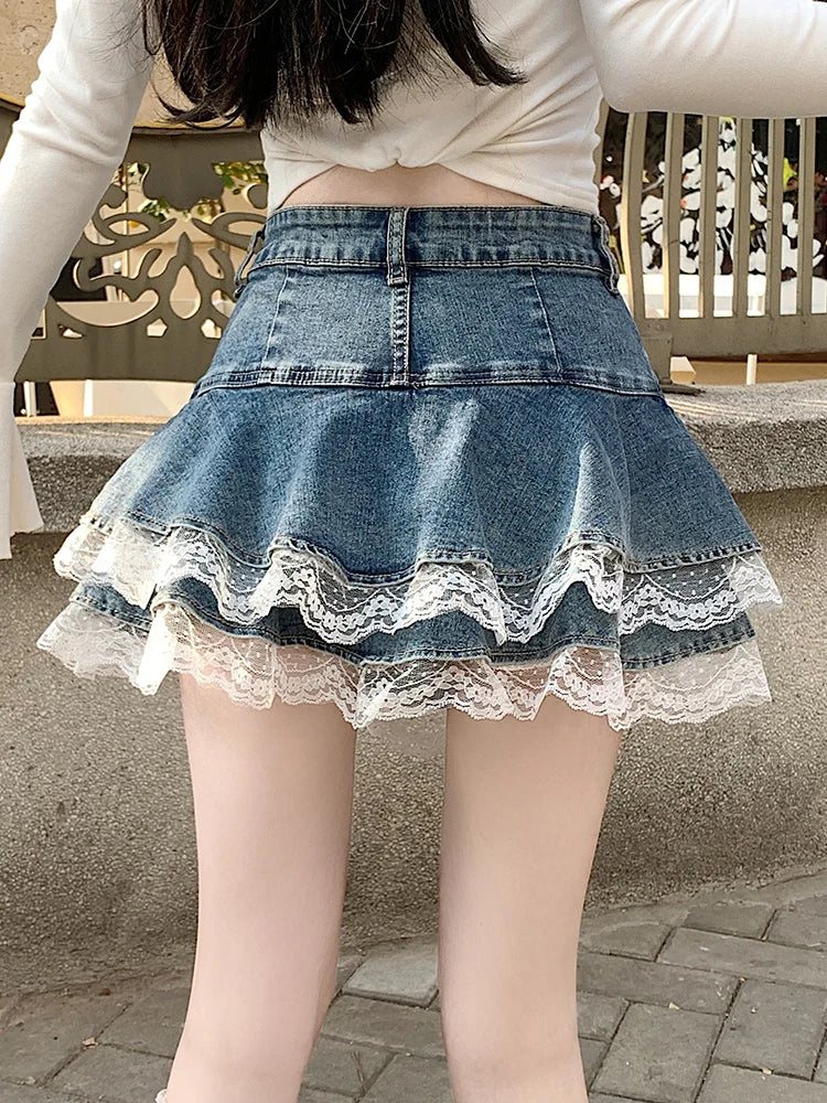 2025 Summer Mini Y2K Denim Skirt Women Fashion Streetwear Ruffles Kawaii Lace Skirts Shorts Preppy School Pleated Jeans Skirt