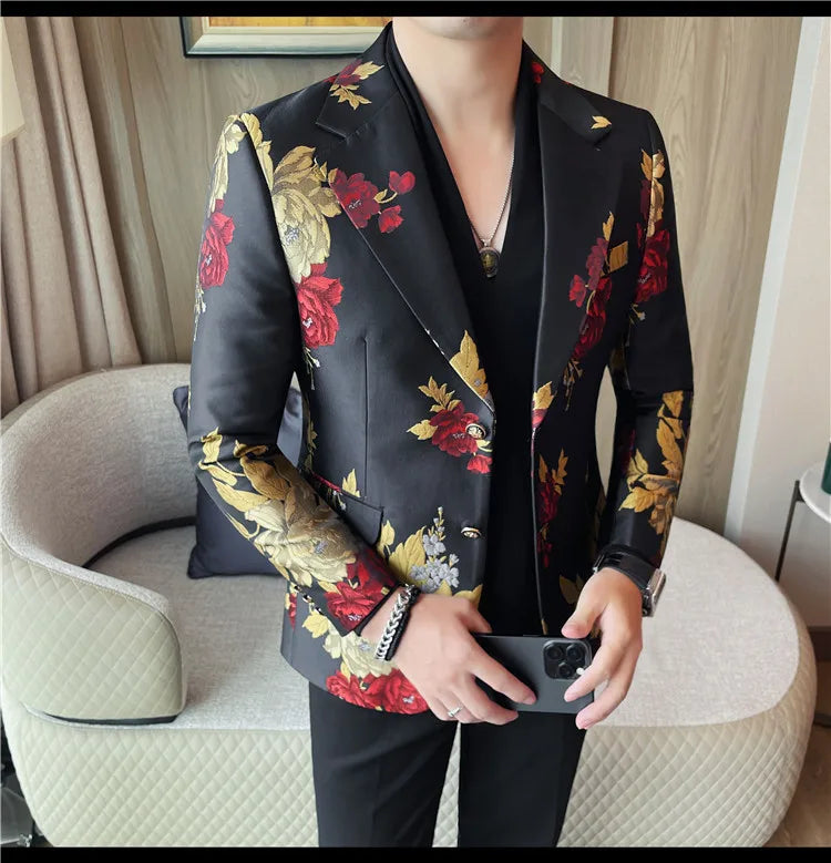 New Men Embroidered Jacquard Slim Fit Casual Suit Jacket Formal Prom Party Stage Costume Man Tuxedo Gentleman Blazers Suit Tops
