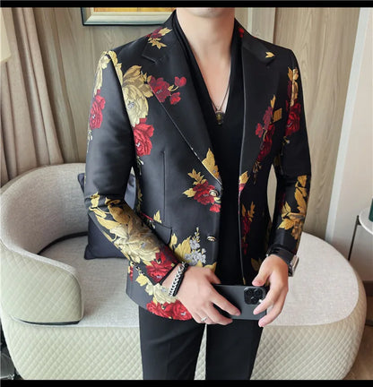 New Men Embroidered Jacquard Slim Fit Casual Suit Jacket Formal Prom Party Stage Costume Man Tuxedo Gentleman Blazers Suit Tops