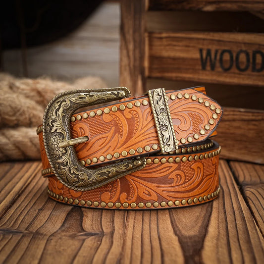 Men & Women-Western-Cowboy-PU Leather-Belts - Vintage Horse Belt Floral Engraved Buckle Belt for Jeans