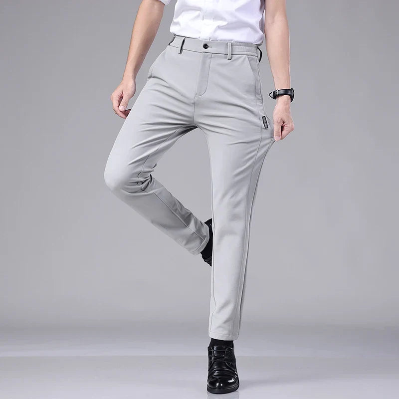 Ultra-thin Elastic Men's Casual Trousers Summer Quick-drying Ice Silk Slim Straight Business Solid Color Trousers Black Gray
