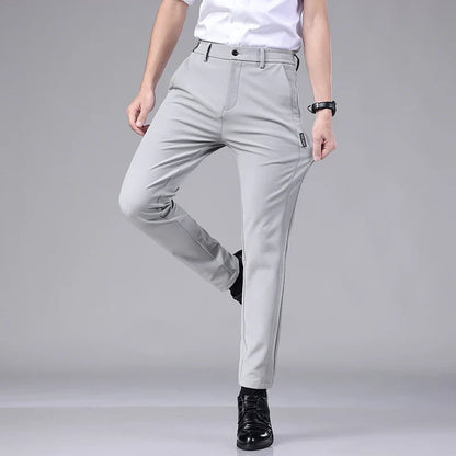 Ultra-thin Elastic Men's Casual Trousers Summer Quick-drying Ice Silk Slim Straight Business Solid Color Trousers Black Gray