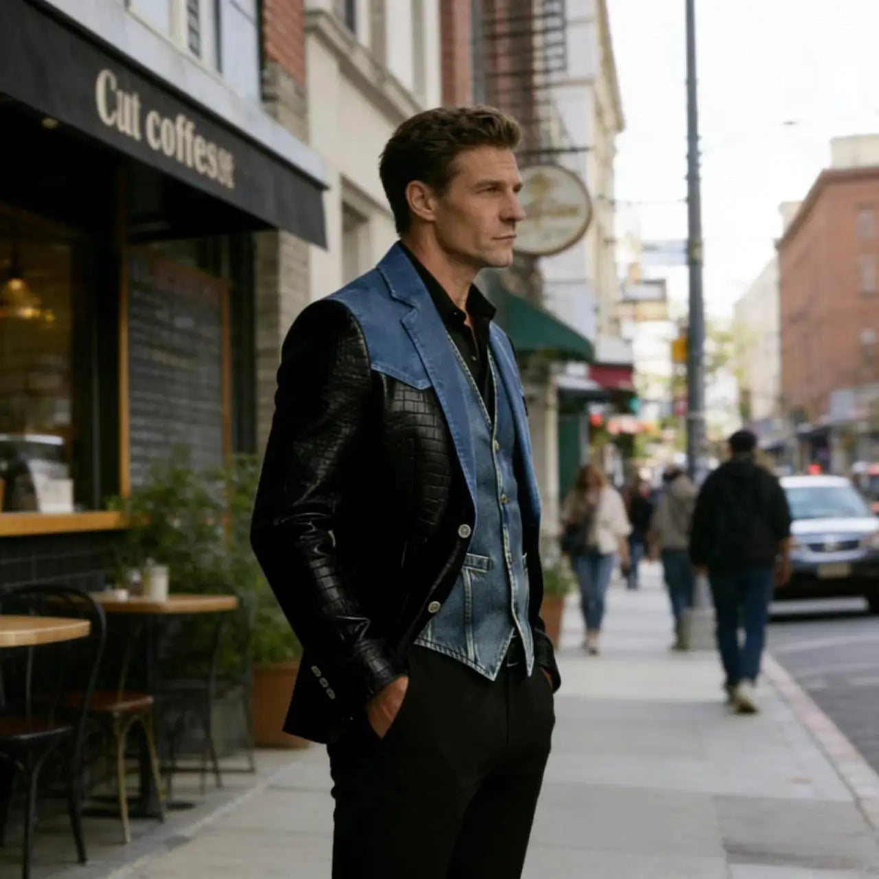 Men's Patchwork Denim & Crocodile Leather Blazer Two-Tone Western Style Suit Jacket Vintage Casual Fashion Coat
