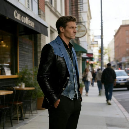 Men's Patchwork Denim & Crocodile Leather Blazer Two-Tone Western Style Suit Jacket Vintage Casual Fashion Coat