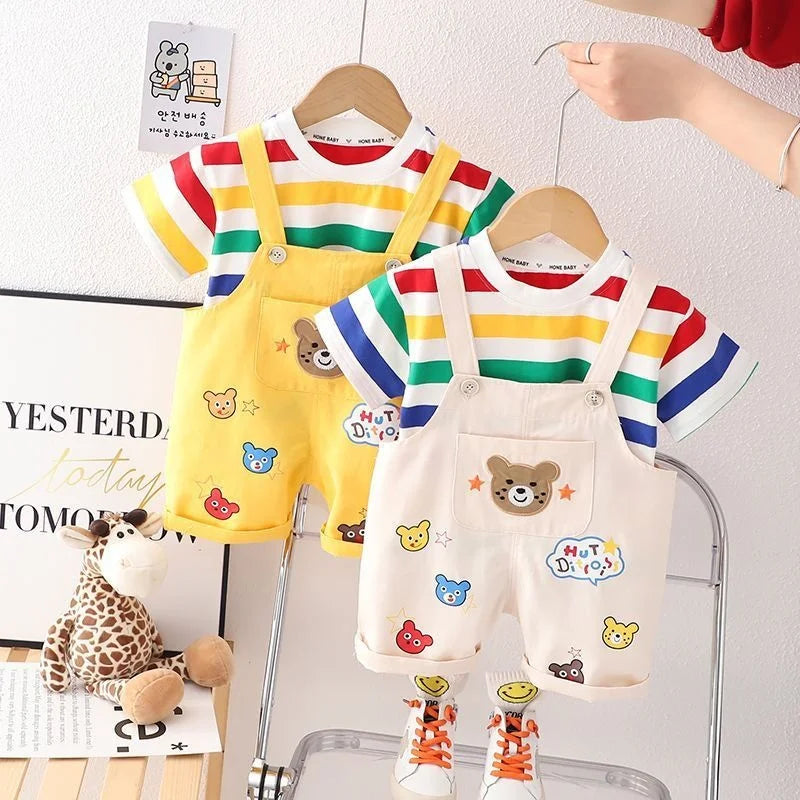 New Summer Baby Boys Fashion Striped T-Shirt Overalls 2Pcs/Set Toddler Girl Clothes Suit Children Casual Costume Kids Tracksuits