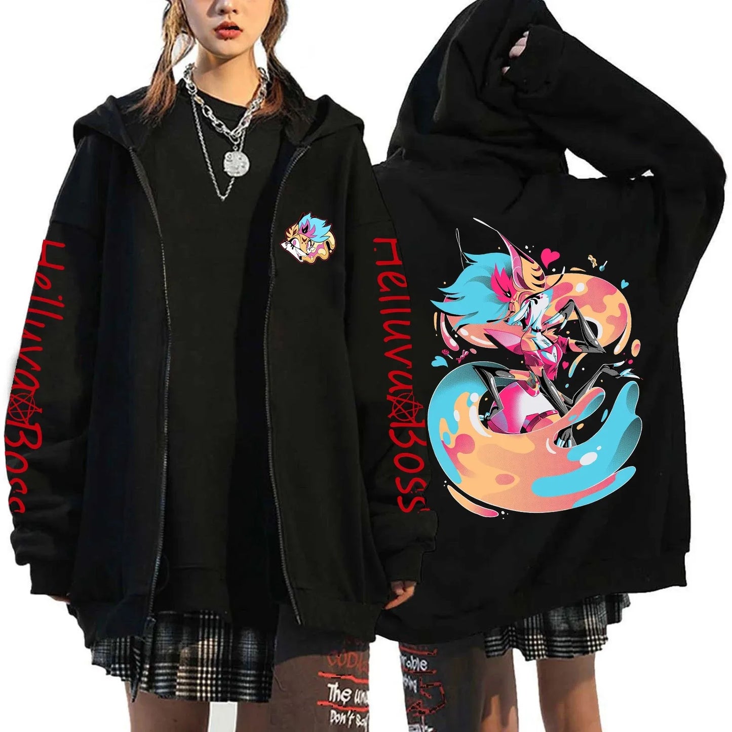 Helluva Boss Cartoon Printed Zipper Hoodies Harajuku Gothic Y2k Zip Up Hoodie Men Clothing Long Sleeve Fleece Casual Streetwear