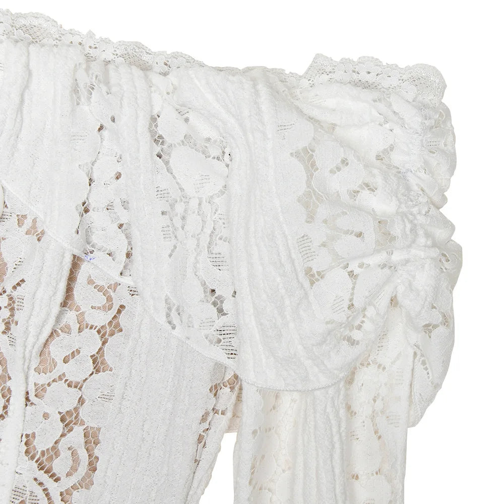 Elegant Off The Shoulder Bodycon Dress 2024 New in White Flare Sleeve Lace Maxi Dress Wedding Guest Dress for Women