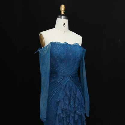 Said Luxury Blue Lace Evening Dress Saudi Arabia Elegant Off Shoulder Wedding Guest Gowns Formal Party Dress SF519 Custom