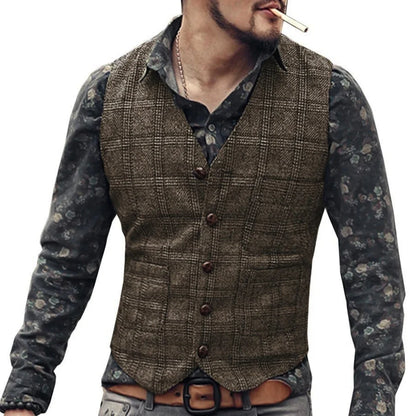 Men Vest Gray Checkered Single Button V Neck Waistcoat For Wedding Party Prom Business Work Office Daily Casual Men Suit Vest